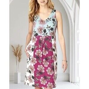 J. Jill Floral Colorblock Dress V Neck Sleeveless Side Pockets Stretch Jersey L